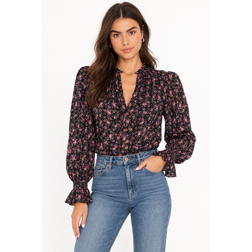 Free People Meant To Be Blouse Medium Black Pink Floral Ruffle Puff Sleeve Boho